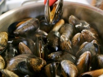 step4: 將青口落鍋, 蓋上, 3分鐘後開蓋, 先將已開殼的青口拿起, 再邊煮邊拿起後開殼的青口