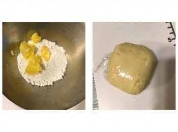 step3: 二、酥皮麵糰
牛油回溫切小塊；
低筋麵粉及牛油用手混合成糰；
用保鮮紙包著放雪櫃備用
