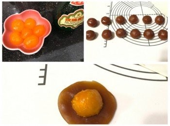 step4: 三、蓮蓉咸蛋黃
咸蛋黃用玫瑰露酒浸2分鐘，用廚房紙抹去附在蛋黄上的蛋白，放入已預熱焗爐160度焗8分鐘，放涼後每個切開兩份；
分割蓮蓉30g一份，搓圓；
蓮蓉放在手心壓平，將半個咸蛋黃放在上面，包好，搓圓備用