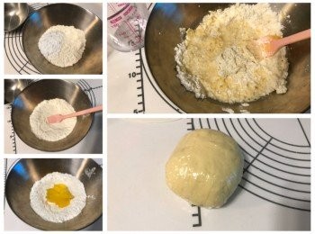 step2: 一、油皮麵糰
牛油回温切小塊；
中筋麵粉及糖粉撈勻；
加入牛油及水，用手混合成糰；
取出放在枱面用手掌根部搓揉幾分鐘成為一個柔軟麵糰，用保鮮紙蓋著，醒置40分鐘