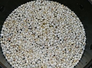 step6: 用大火煮一鍋水，蓋好蓋子。(水滾時，熱水蒸氣不斷升起，此時開蓋，容易燙傷，可以先較至小火，待蒸氣減少，才開蓋。)水滾後，放入白果、桃膠和生熟薏米，小火煮半小時。