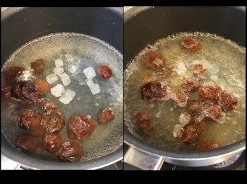 step4: 可以用返岩岩灼蕃茄仔嘅水，大火：落話梅1包、冰糖數粒。

冰糖溶後，熄火待涼。