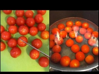 step2: 每粒蕃茄仔底部界十字。
煲水，水滾落蕃茄仔約1分鐘。
