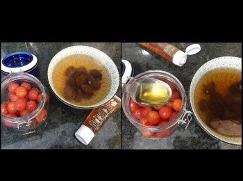 step5: 蕃茄仔入樽，話梅冰糖水涼後，加入蜜糖2湯匙（視乎個人口味）話梅冰糖水入樽。

醃製約12小時就可享用。