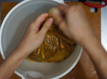 step1: 冰鮮雞先洗淨斬件
加入<span class="group_2">醃料</span>拌勻，包好後置雪櫃醃一晚