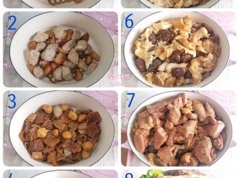 step9: 盆菜叠砌次序
先將蘿蔔放上。將芋頭加入。
將豬皮魚蛋魷魚加入。將炸支竹加入。
將蓮藕炆豬肉加入。將花膠海參冬菇加入。