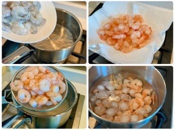 step3: 急凍去腸蝦仁，解凍後，熱水加一茶匙鹽，汆水約1分鐘，轉色剛熟，放冰水完全降溫，再用廚房紙吸乾水份，這樣做的蝦仁爽口好味！