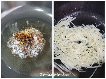 step2: 熱鑊落油，放乾辣椒及花椒粒泡油，泡出辣味。
當聞到香辣味，用隔盛起辣椒及花椒。
落薯絲快炒，見顏色帶啲微黃，加入大紅椒絲再炒，落白醋及糖兜均調味。
最後加入蔥絲及鹽，略炒就可以盛起。