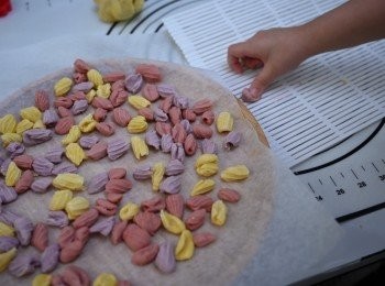 step3: 取一小撮麵團，在壽司蓆上壓花