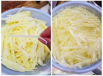 step1: 薯仔切幼絲（我唔提議用刨，因為切可以控制得粗幼更好）。
凍水加入白醋，浸薯絲半個鐘（可以去掉薯仔嘅澱粉，增加爽囗感）。
大紅椒及蔥同樣切絲。
乾辣椒切細，花椒略壓，等泡油時更出味。
薯絲隔去水份，瀝乾就可以準備炒。