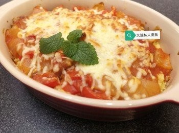 step9: 入爐焗12分鐘即成。（時間視乎芝士溶化效果。）