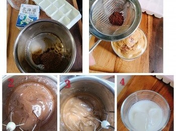 step1: 在一個大拌碗內，加入即溶咖啡粉，白砂糖和熱水以1:1:1 的比例，用電動打蛋器以高速打發，咖啡溶液會慢慢顏色變淺，打發直到成奶泡狀便可。
在一個杯子裡，加入冰塊3/4杯，倒入牛奶，在牛奶上放上打發好的奶泡便完成。（我還灑上了少許無糖朱古力粉） 賣相同味道即時level up⬆️🤩