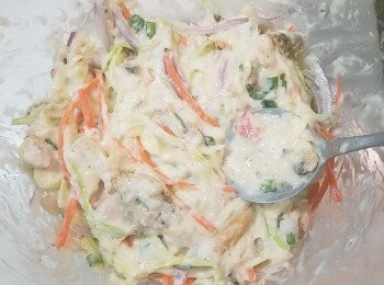 step8: 攪拌成糊狀，糊體剛好包著所有材料便可。(不要攪拌太多次，否則麵筋越來越強，變硬，影響口感。)