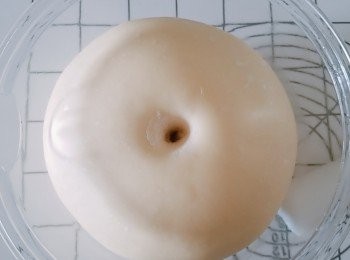 step9: 取出基本發酵好的<span class="group_1">麵糰</span>。（將食指沾滿高筋麵粉，從中間刺到底再抽出來，如果指孔不回縮，就表示基本發酵完成。）