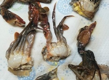 step1: 軟殼蟹解凍後，洗淨外殼，在蟹眼睛的兩側掀開小縫，小心地除去鰓及蟹蓋嘴上方之胃袋，並拭乾水份和灑上少許胡椒粉。