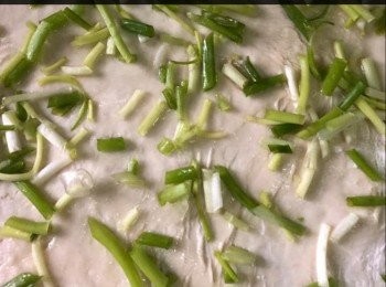 step3: 以麵棍將麵糰摲成一塊長的麵皮, 澆少許植物油, 將麵皮重複擀兩次, 加入蔥粒於麵皮上。