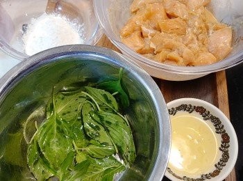 step3: 摘取九層塔葉片，洗淨抺乾。放入盆中加入少許油拌勻。雞柳肉上粉前先加入約一大匙的蕃薯粉抓勻（這樣可以讓醃汁裹在雞肉裏，炸起來會較保汁）。再將蛋白加入已醃的雞柳肉拌勻。準備蕃薯粉。