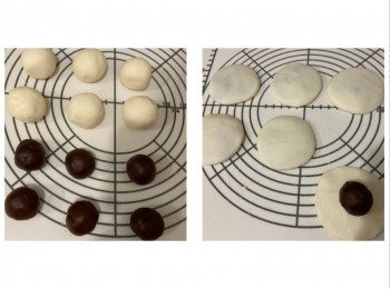 step3: ～紅豆蓉分成6等份（每份15g），搓圓備用​
～粉糰分成6等份（每份約15g)，搓成圓形，輕力壓扁，包入紅豆蓉搓圓壓平

​