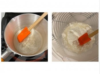 step2: ～水、砂糖及油煮滾​
～將煮滾的糖水倒入糯米粉內，用刮刀快手攪拌，之後用手搓成粉糰 ​