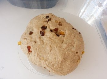 step4: 再加入葡萄乾和果乾. 將麵糰放入塗有油的大碗內，用保鮮紙蓋好，讓麵糰發酵最少一小時 （至麵糰脹大一倍）