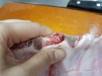 step1: 豬背骨隔夜解凍，徹底洗淨，抹乾； 骨與骨之間如有血水要擠出。