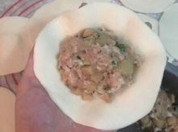 step16: 取第一片桿的包子皮，放上一大匙肉餡，