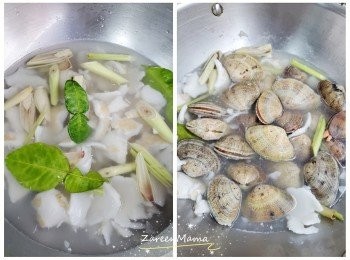 step2: 鍋內加油先爆乾蔥蒜頭，加入椰青水，及清水，加入椰肉。
代滾後加入大蜆，煮至開囗。<span class="group_2">調味</span>，煲多5分鐘就可以。