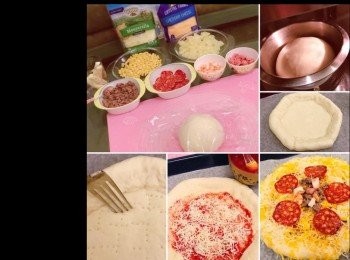 step7: 預熱焗爐200度15分鐘。

用叉在<span class="group_2">餅皮</span>中央周圍擢孔，再塗上蕃茄醬，先洒一些mozzarella cheese，再把<span class="group_3">餡料</span>逐一放上去， 最後再洒多一層mozzarella cheese 在上面。

再用牛油溶液，塗於芝心邊上， 再洒上巴馬臣芝士。