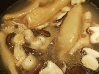 step4: 蒸爐取出燉湯，加入花膠和松木茸，蓋蓋煮滾後，再次放入蒸爐蒸半小時。