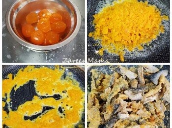 step1: 先將咸蛋黃蒸10分鐘，襯熱壓爛。咸蛋內有一粒較硬的部分，要攞起。其他壓蓉，留少少粒狀增加囗感。