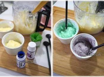 step6: 3 把2分成三部份，其中二部份分別用色膏染出自己喜歡的顏色