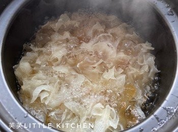 step2: 水滾後，將桃膠、雪耳放入以大火煲滾，轉小火煲40分鐘。