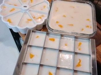 step8: 注入器皿內，再放入果肉。放入雪櫃雪4小時以上便可享用，揚ma 大製作做了三大盆，跟家人和同事們開心分享。