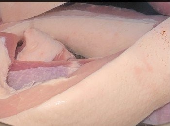 step2: 豬腩肉解凍，洗淨，將豬腩肉汆水，用手輕輕觸摸外皮，將餘下的豬毛用鉗拔去，切件，待用。