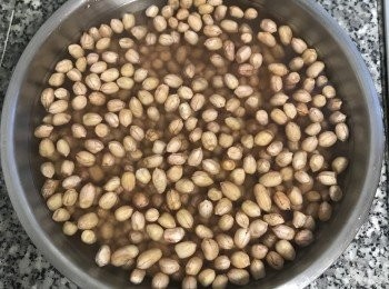 step1: 花生洗淨，放入蓋過花生的水量，並加入4-5茶匙的鹽，浸泡6小時，期
間需適時加水；