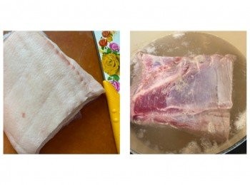 step1: 五花腩洗浄，放入滾水中煮5分鐘（皮向下），盛起待涼後抹乾