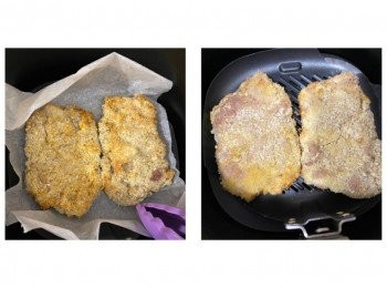 step5: 取出，拿走牛油紙，將豬扒反轉，噴油，放入氣炸鍋內