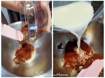 step1: 牛奶用細火，慢慢滾暖，千析唔駛滾起。

朱古力粉，榛子醬及煉奶放碗內。加入奶，攪拌，盡量將拌勻粉及醬。