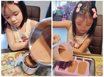 step3: 將朱古力醬拌入忌廉，攪勻。最後過篩，避免有粒狀，確保入口夠滑。
將過篩後嘅朱古力醬倒入雪糕膜，大概8－10個鐘，就得喇！