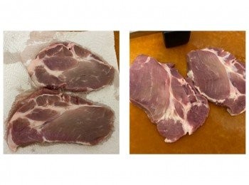 step1: 將豬扒洗乾淨，抹乾水份，用刀背或小槌拍鬆