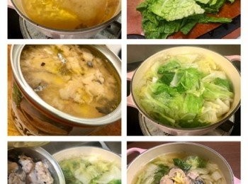 step2: 左髀也按著老闆的做法做了一鍋
做法十分簡單
左髀只用上茅乃舍的野菜湯包
再用上日本的白菜及幾片薑
湯頭已經十分清甜
白菜煮至九成時
放入整罐水煮鯖魚滾2-3分鐘
放上薑絲便完成吖