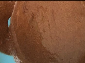 step14: 攪勻後將可可粉漿全部加入蛋白裡，以翻底方式攪勻