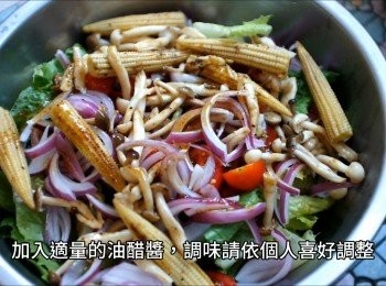 step12: 倒入適量油醋醬後輕輕拌均勻後試試味道，調味請依個人喜好調整