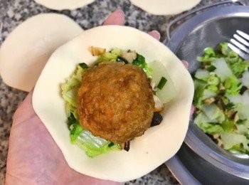 step16: 取第一片桿的<span class="group_4">包子皮</span>，先鋪上<span class="group_3">白菜餡</span>再放上一顆<span class="group_1">獅子頭</span>；