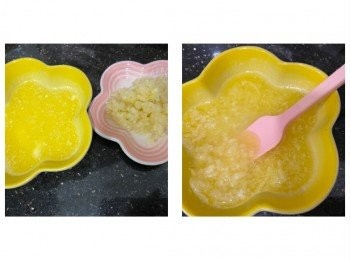 step4: 蒜頭切成蓉，牛油用微波爐叮20 - 25秒成為溶液，兩種材料撈勻