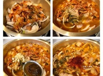 step3: 加入泡菜兜炒，再加入洗米水、蒜蓉、酒、大醬（用濾網加入）及辣椒粉煮至滾