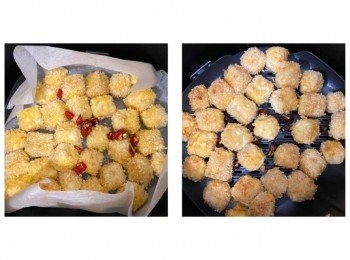 step4: 180度氣炸8分鐘，取出拿走牛油紙，放入辣椒粒輕手翻動，噴油，放回氣炸鍋內，用200度氣炸7分鐘，上碟，灑上辣椒碎及味椒鹽，味道更佳