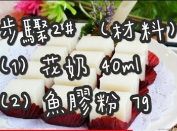 step28: 步驟2#  (材料)
花奶/牛奶 40ml
魚膠粉(吉利丁粉) 7-9g