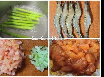 step3: ~ 蘆筍斜切... 放入已加油、鹽的滾水中灼熟盛起!
~ 虎蝦解凍後剪去鬚和尖位... 在蝦背剪一刀但不剪斷... 挑走蝦腸... 洗淨印乾... 在蝦身抹上適量鹽和胡椒粉!
~ 番茄去皮切細粒... 楊桃起肉切粒!
~ 少許油放鍋中... 加入番茄粒、糖和生抽... 毋須加水... 小火將番茄煮軟!