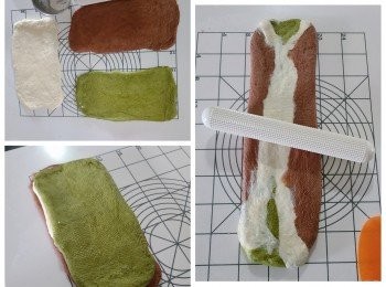 step3: 再如圖做型：鬆弛好的麵糰擀成3片大小相約的長方型，3片叠在一起，再左右向中間摺，略為擀平。